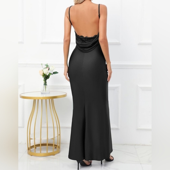 NWT 🔥Sexy🔥 Black Drape Neck Formal Maxi Dress With Back Lace Detail Size S - Picture 3 of 11